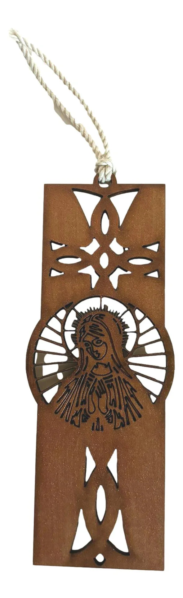 Assorted laser-cut wooden bookmarks featuring Catholic and Christian faith symbols, 6x2 inches, by Norma Cordova De Schaefer.