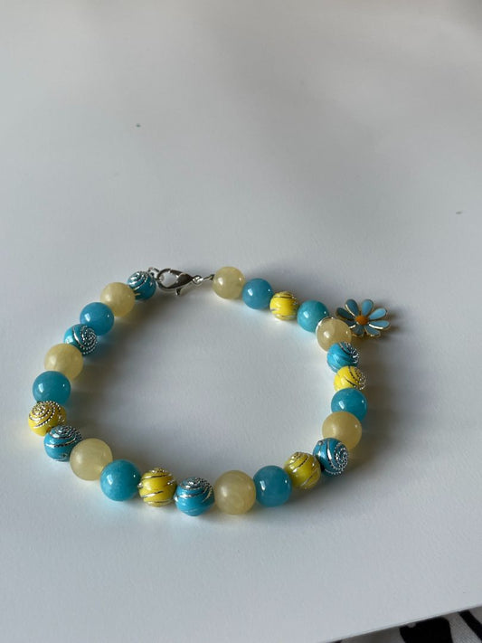 Yellow Lemon Drop Stone & Turquoise Bracelet - 7.75-Inch Silver Swirl Design