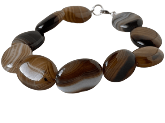 Brown Agate Bead Bracelet - 7-Inch with Flat Oval Striped Design