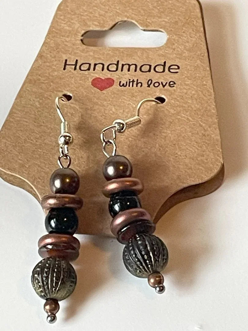 Brown copper glass dangle earrings by Sylvia Leroux, 2-inch jewelry earrings with a stylish, elegant design.