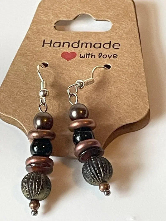 Brown copper glass dangle earrings by Sylvia Leroux, 2-inch jewelry earrings with a sleek, stylish design and shiny finish.