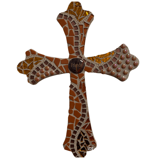 Brown Gold Celtic Friends Mosaic Wood Cross – 16.5x12.5