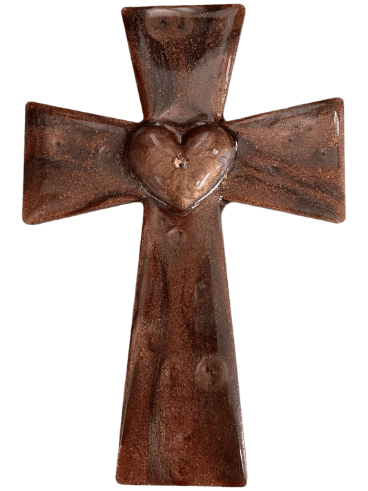 Brown Heart Resin Cross Magnet – Wood Backing 6x4