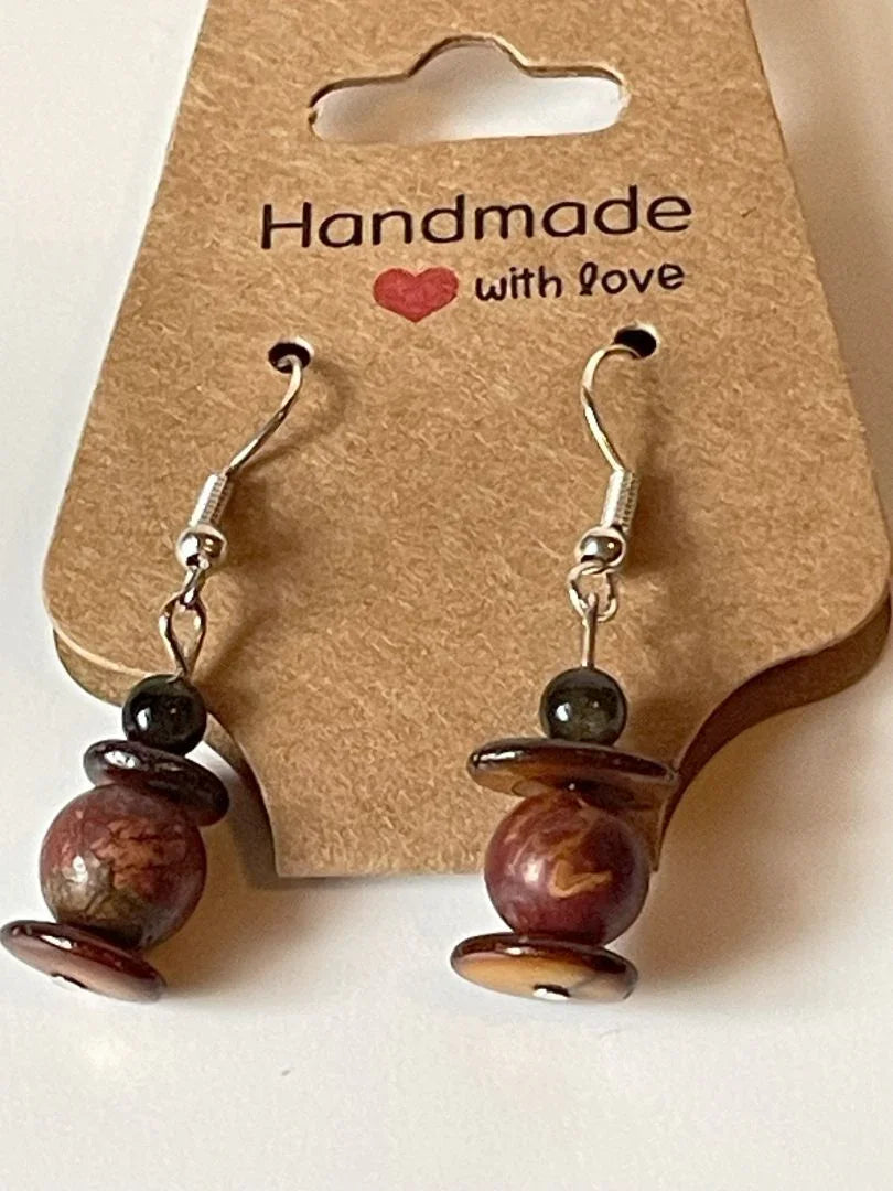 Brown Jasper and Tiger Eye bead earrings by Sylvia Leroux, 1.5 inches long, showcasing polished natural stones and handcrafted design.