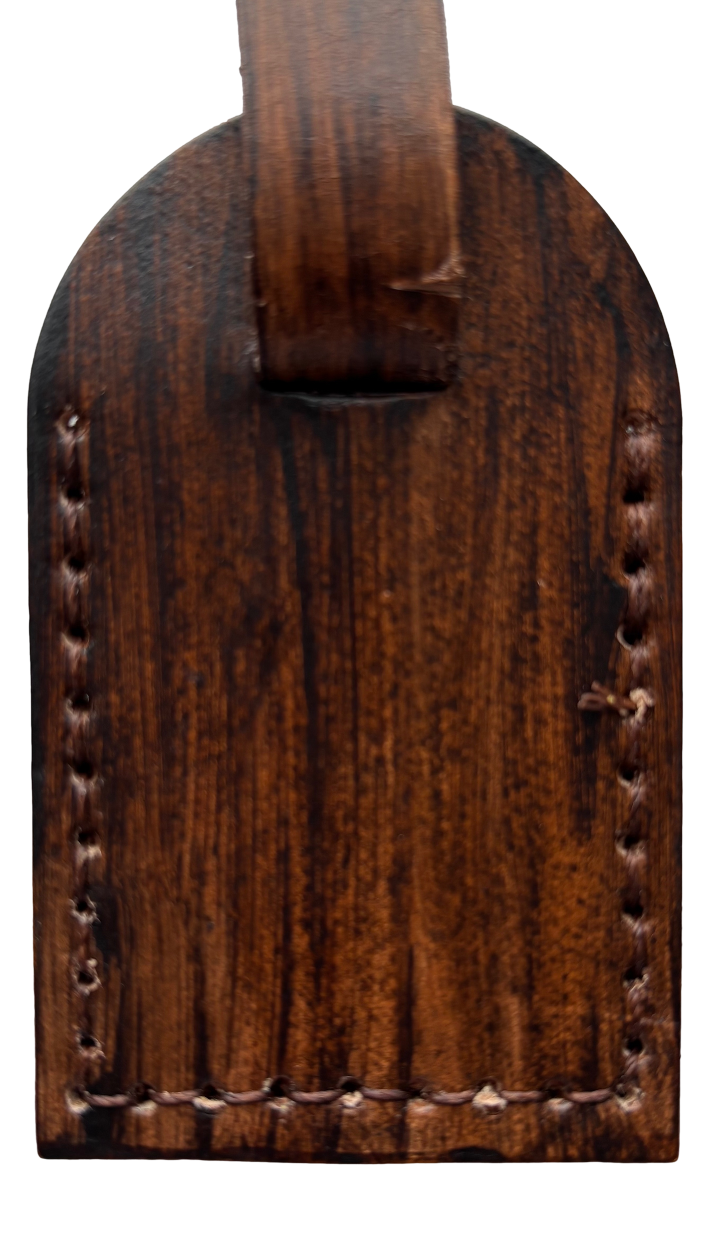 Brown leather luggage tag by Consuelo Barraza, stylish and durable travel accessory with clear identification window.