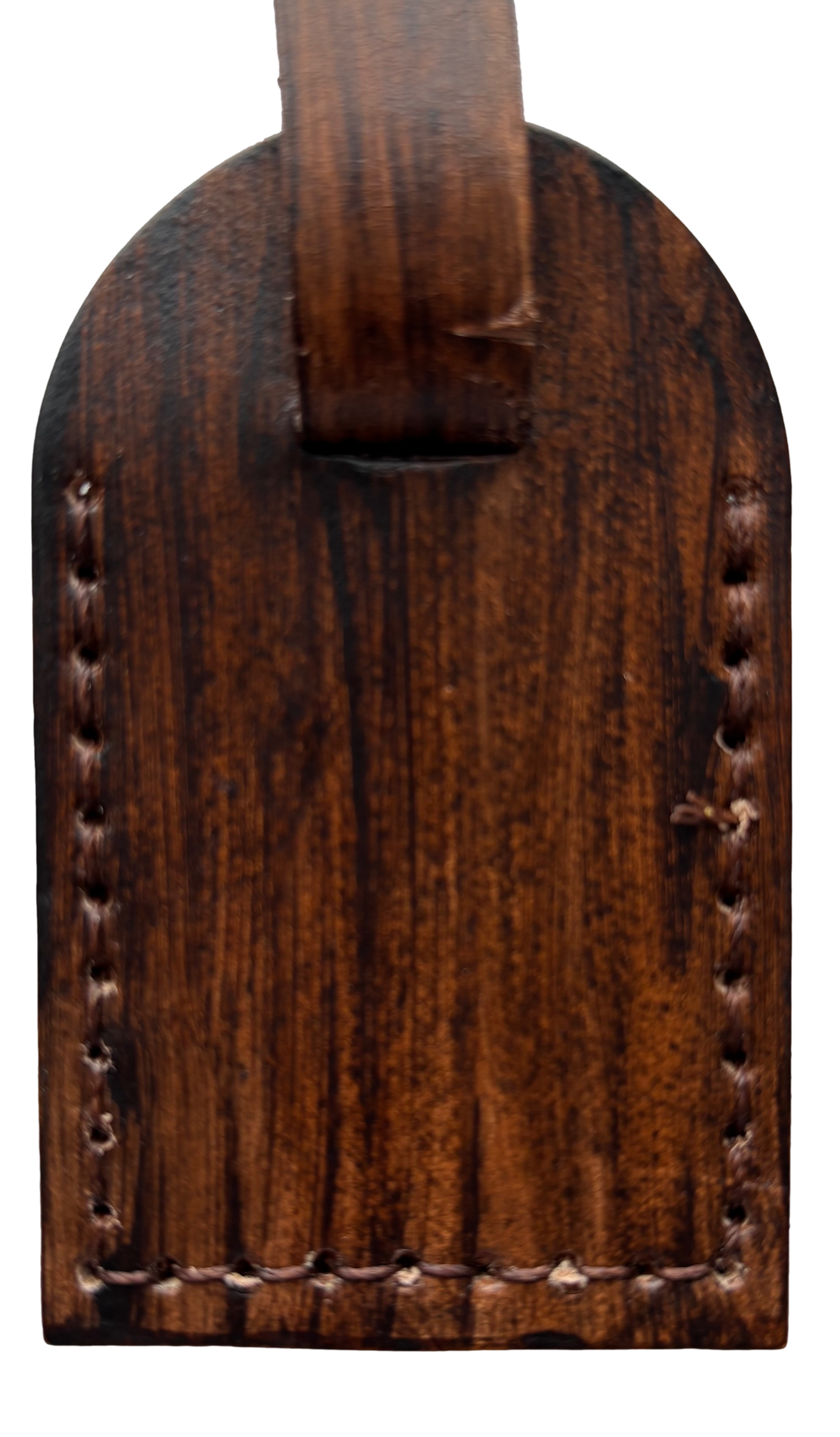 Brown leather luggage tag by Consuelo Barraza, stylish and durable travel accessory with clear identification window.