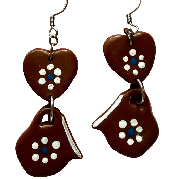 Brown Mexican-inspired polymer clay statement earrings by Lorena Williams featuring bold, handcrafted 1x2 inch jewelry design
