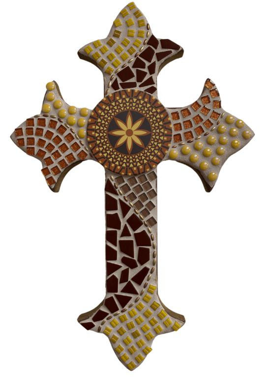 Brown Yellow Fleur De Lis Mosaic Wood Cross – 18.5x12.5