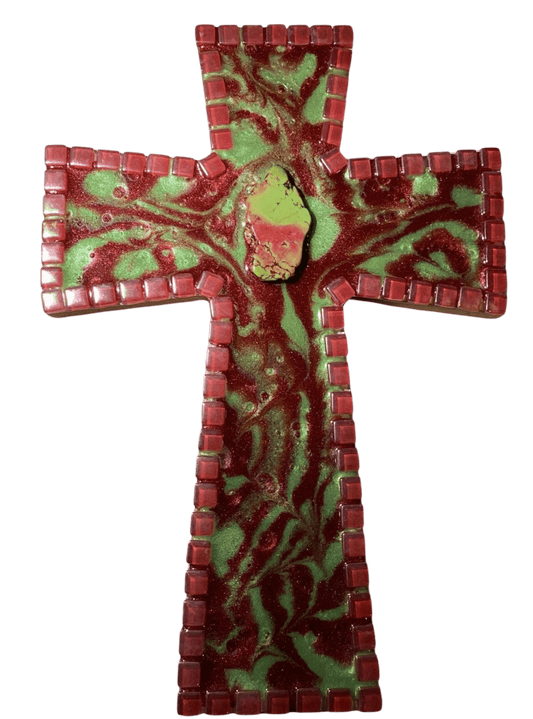 Burgundy Lime Green Stone Resin Mosaic Wood Cross – 12.5x8.5