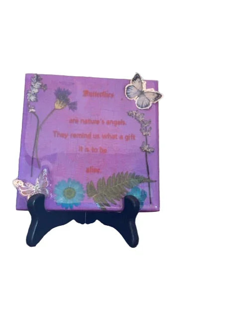 "Butterflies" Decorative Plaque With Pressed Flowers - Handcrafted 6 x 6 - Ysleta Mission Gift Shop