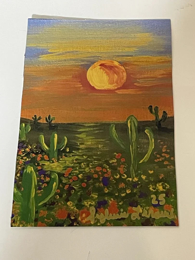 Cactus desert sunset magnet by Sylvia Leroux, 4x6 acrylic art print featuring desert scene with cactus and sunset.