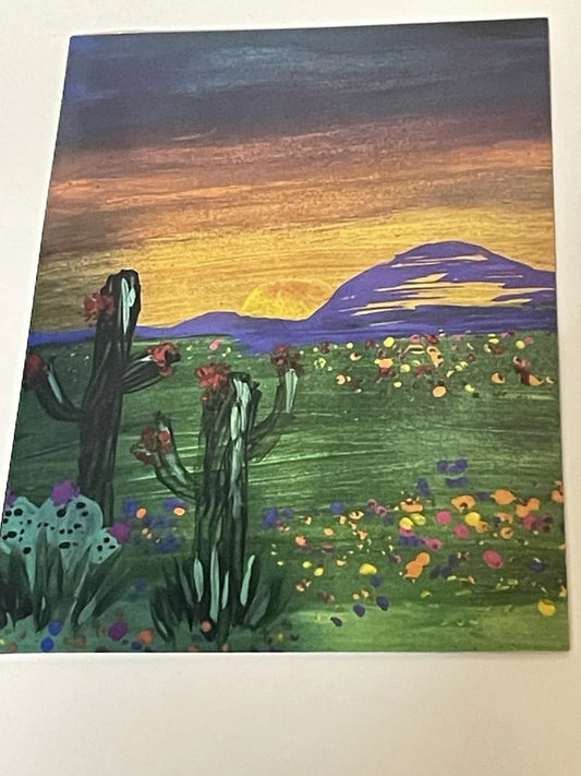 Pair of cactus desert sunset magnets featuring 4x6 acrylic art print by Sylvia Leroux, perfect El Paso souvenir.