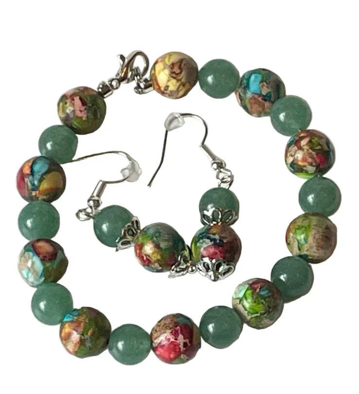 Sylvia Leroux Calsilica and Green Jade bead bracelet and earrings set, 7 inches, featuring natural gemstone jewelry for elegant style.