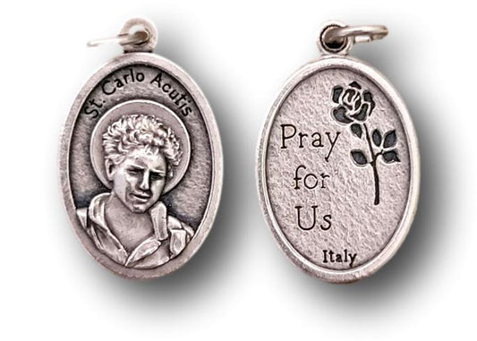 Carlos Acutis 1-inch oxidized Catholic medal, pocket-sized devotional pendant, Christian gift for faith and devotion.