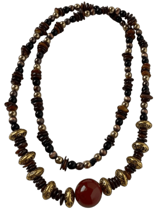 Carnelian Shell Bead Necklace - 28-Inch with Leather Cord & Gold Spacer Beads