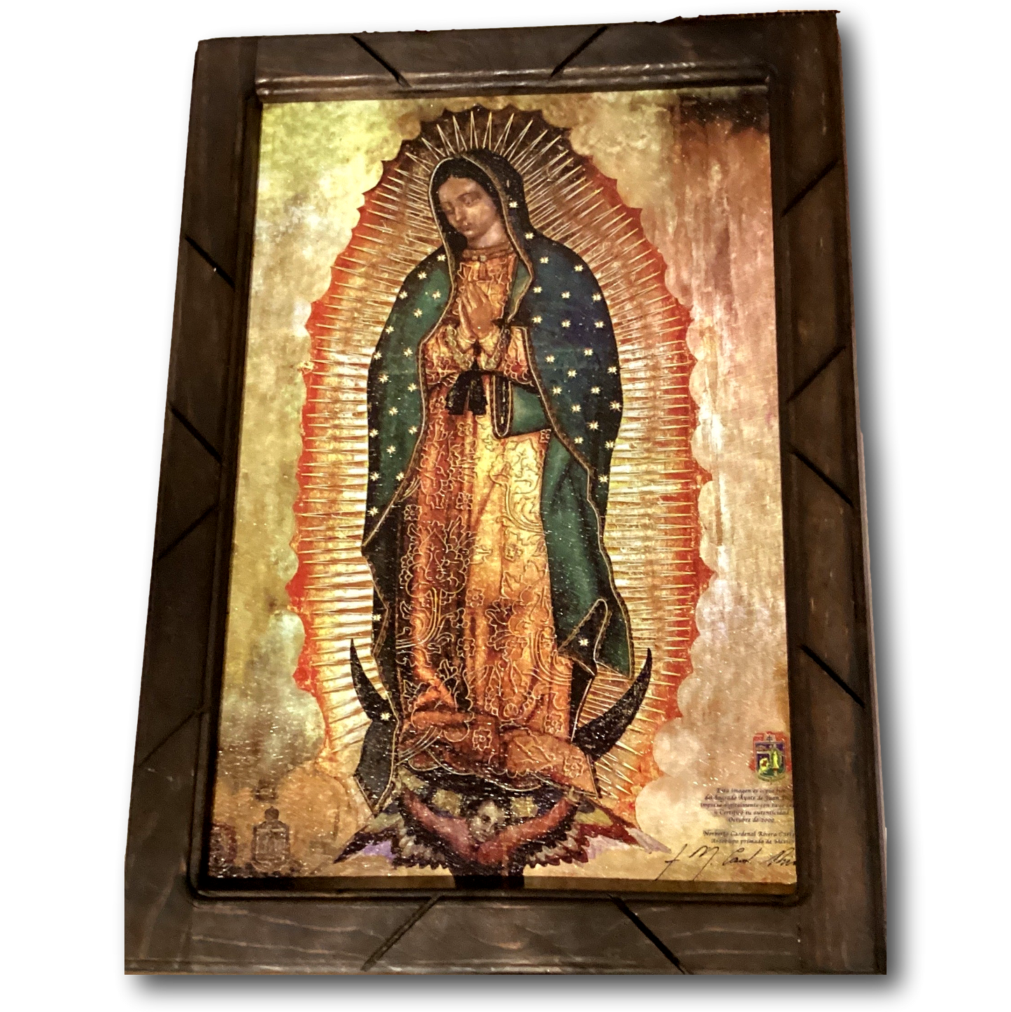 Catholic saints print in handcrafted wood frame, 13x17.5 inches, Christian artwork with religious figures and detailed craftsmanship.