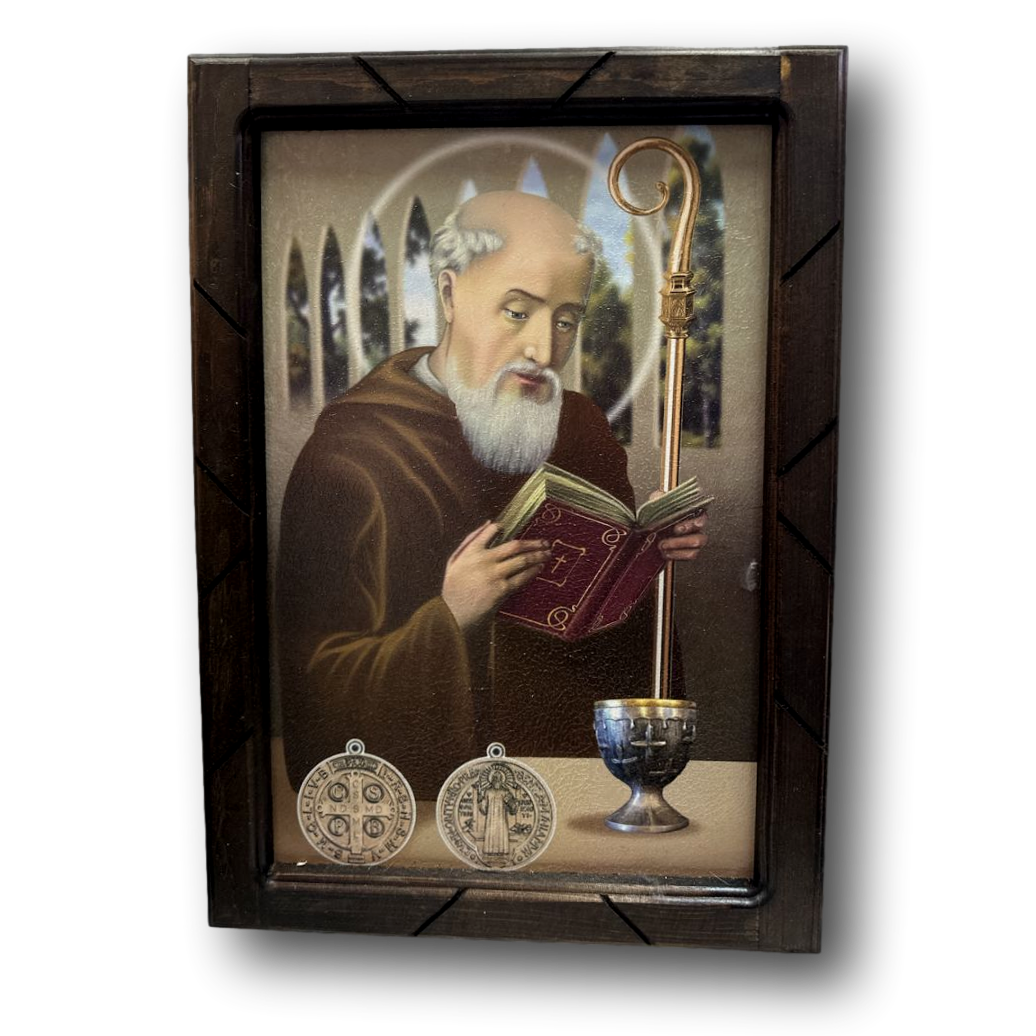 Catholic saints print with handcrafted wood frame, 13x17.5 inches, Christian artwork featuring religious figures and intricate details.