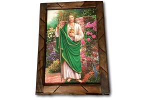 Catholic saints print with handcrafted wood frame, 13x17.5 inches, Christian artwork featuring religious imagery and detailed craftsmanship.
