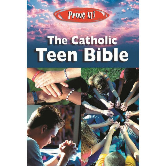 Catholic Teen Bible "Prove It!" Revised NAB by Ysleta Mission Gift Shop, open to pages showing colorful text and illustrations.