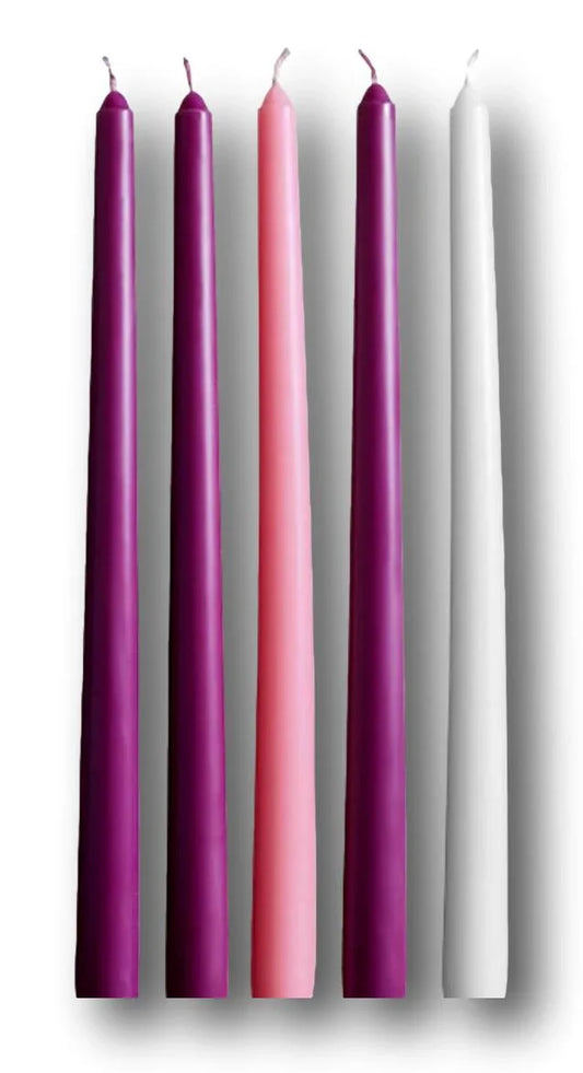 Set of five Catholic Advent candles from Ysleta Mission Gift Shop, featuring seasonal designs for Christian celebrations.