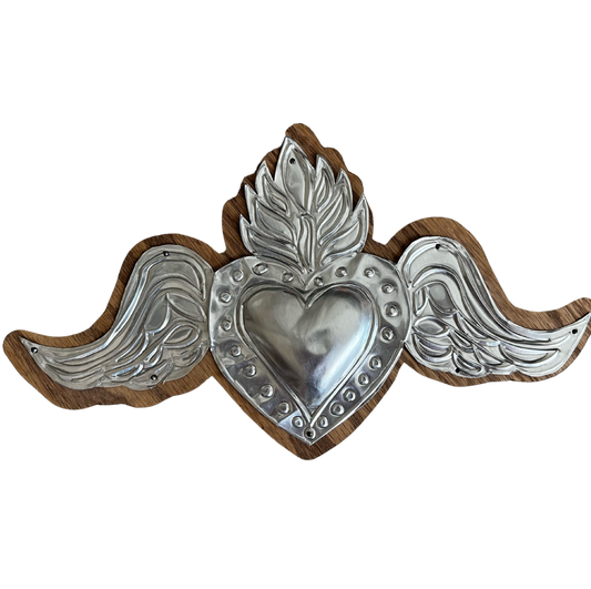 Repujado Over Wood Sacred Heart With Wings  Handcrafted