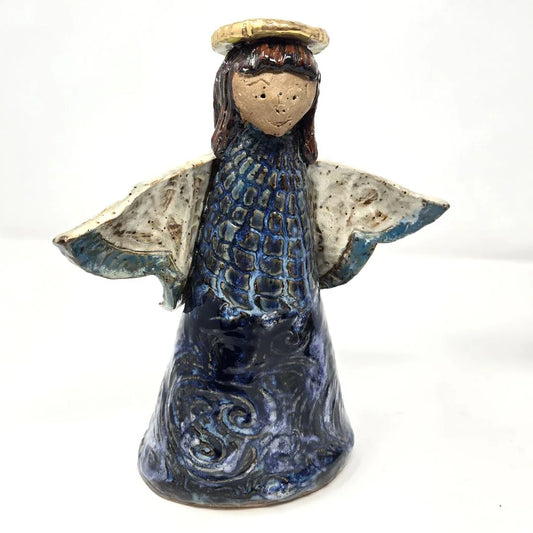 Ceramic angel sculpture with a metallic halo, minimalist design, Catholic Christian Saint statue by Vanessa Clark.