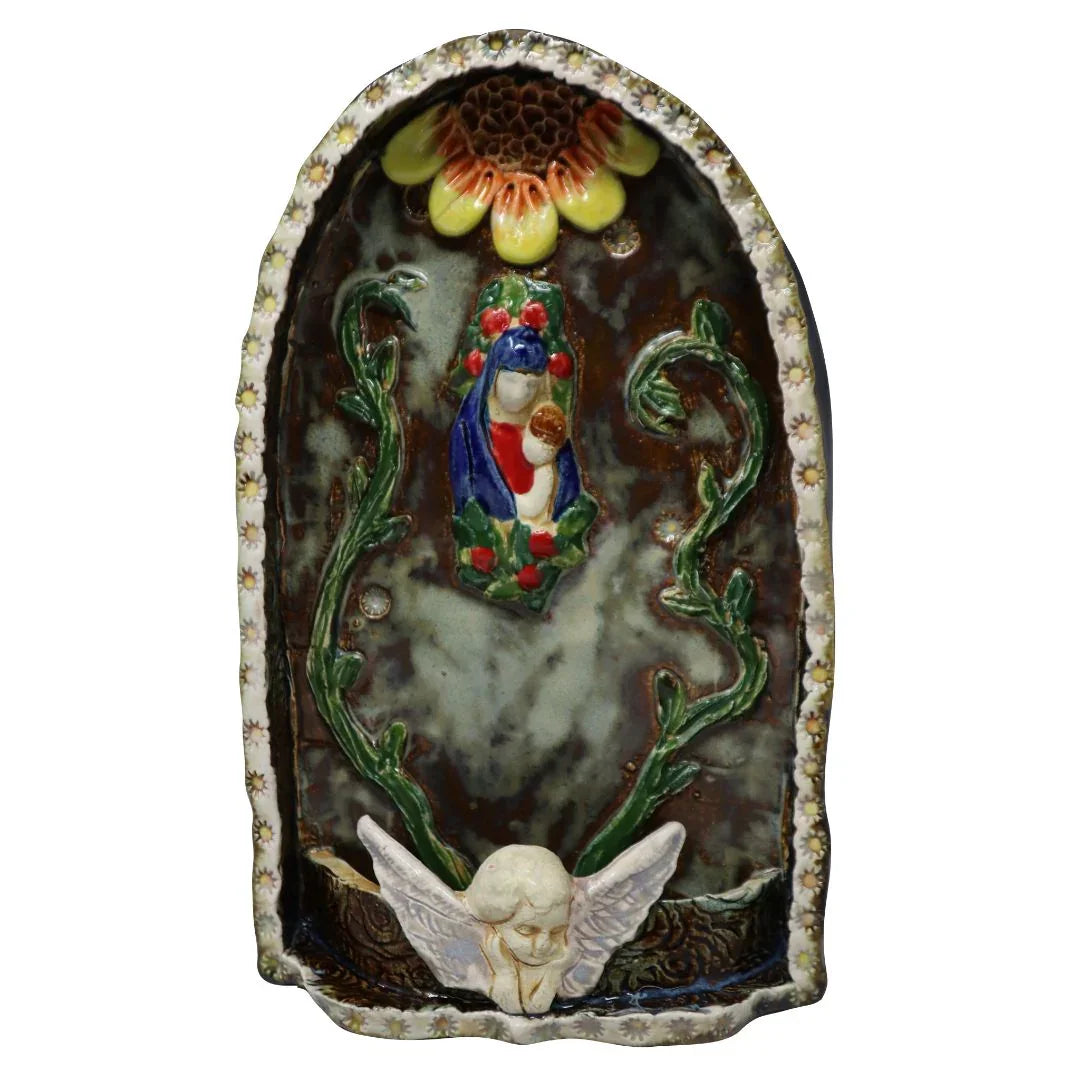 Ceramic wall hanging featuring handcrafted Virgen and Baby with angel, 10x6 inches, Catholic Christian gift by Vanessa Clark.