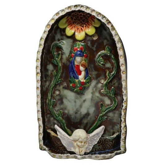 Ceramic wall hanging featuring handcrafted Virgen and Baby with angel, 10x6 inches, Catholic Christian gift by Vanessa Clark.