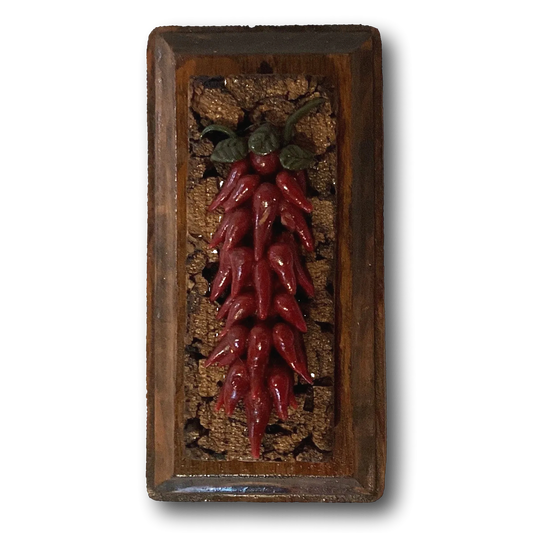 Colorful chili pepper wall plaque by Ysleta Mission Gift Shop, Southwestern decorative wall art for home and garden decor.