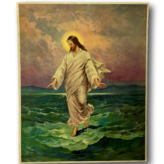 Framed Christian art of Christ walking on water, depicting Jesus Cristo walking sobre el agua, from Ysleta Mission Gift Shop.