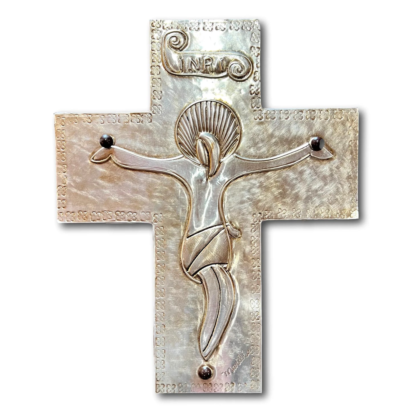 Christ With Nails And Green Leaves Hand-Embossed Aluminum Cross | Real Wood Religious Wall Decor