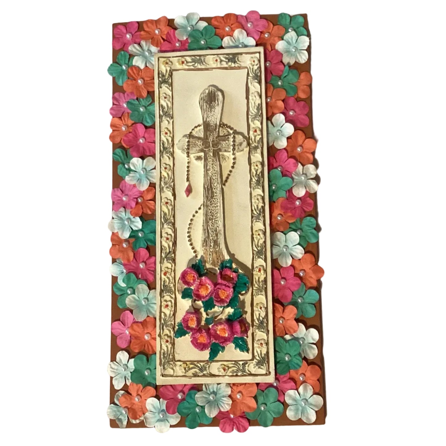 Christian Decorative Plaque Framed Floral Cross 7x4