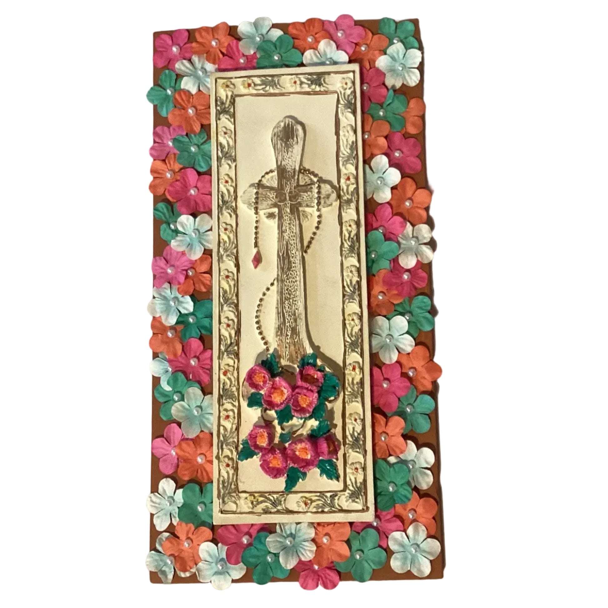 Christian Decorative Plaque Framed Floral Cross 7x4