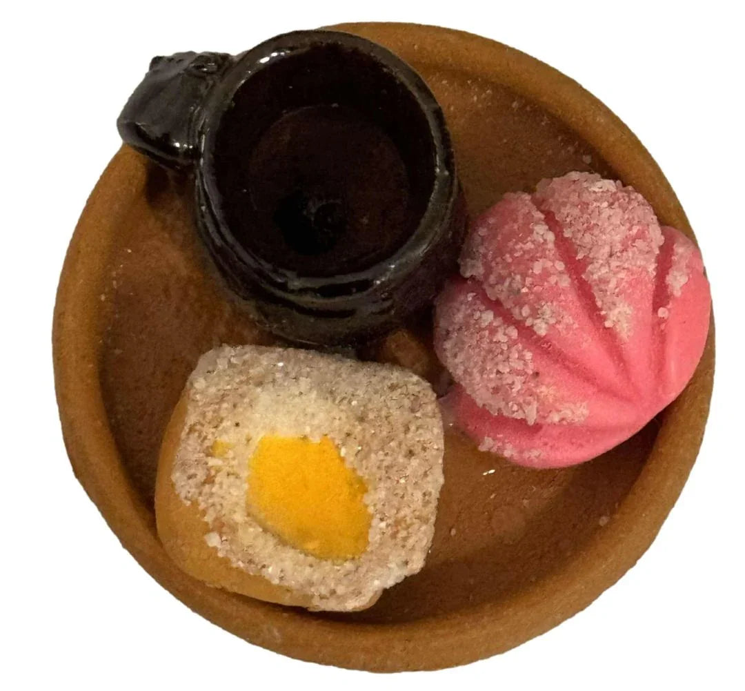 Assorted handmade clay magnets of traditional Mexican dishes, 0.5-inch home accents by Michelle Miranda, featuring colorful, detailed designs.