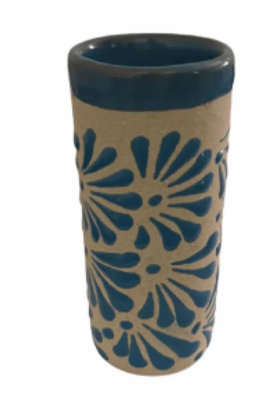 Handmade glazed clay shot glass, 3 inches tall, lead-free, crafted in Mexico by Michelle Miranda for home and party use.
