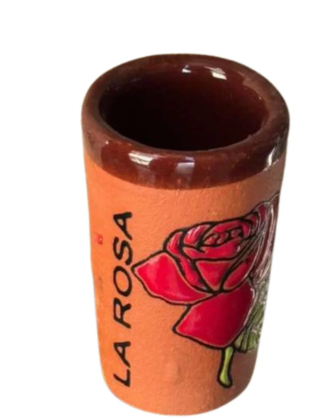 Handmade glazed clay shot glass by Michelle Miranda, 3 inches tall, lead-free, perfect for home and celebration use.