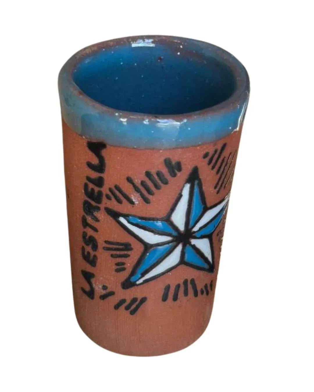 Handmade glazed clay shot glass from Mexico, 3 inches, lead-free, by Michelle Miranda for home and party celebration use.