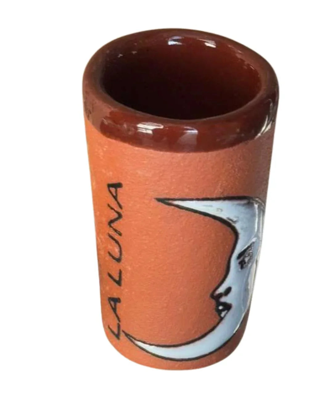 Handmade glazed clay shot glass from Mexico, lead-free, 3 inches tall, crafted by Michelle Miranda for home and celebration use.