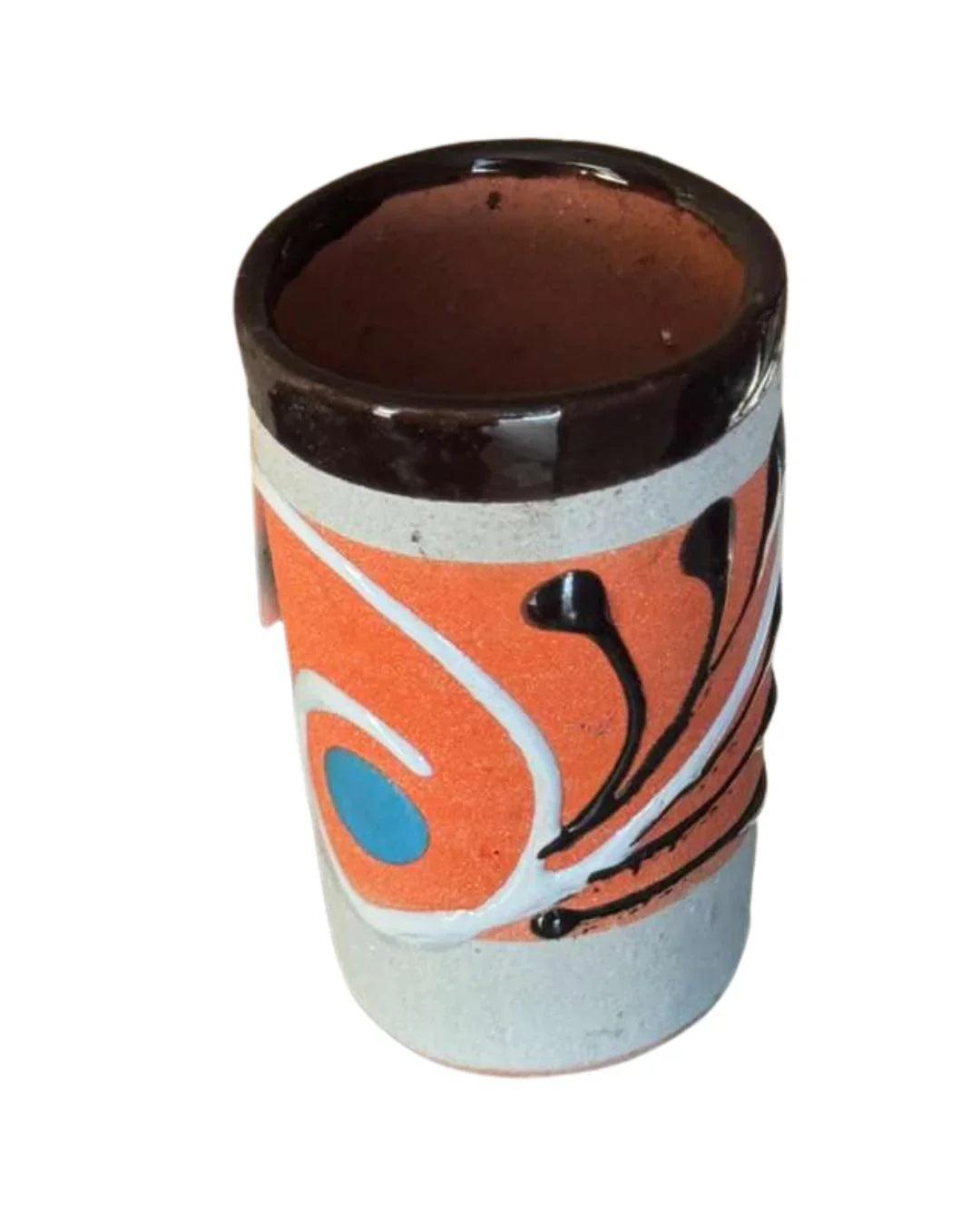 Handmade glazed clay shot glass by Michelle Miranda, 3 inches tall, lead-free, perfect for home and celebration gatherings.