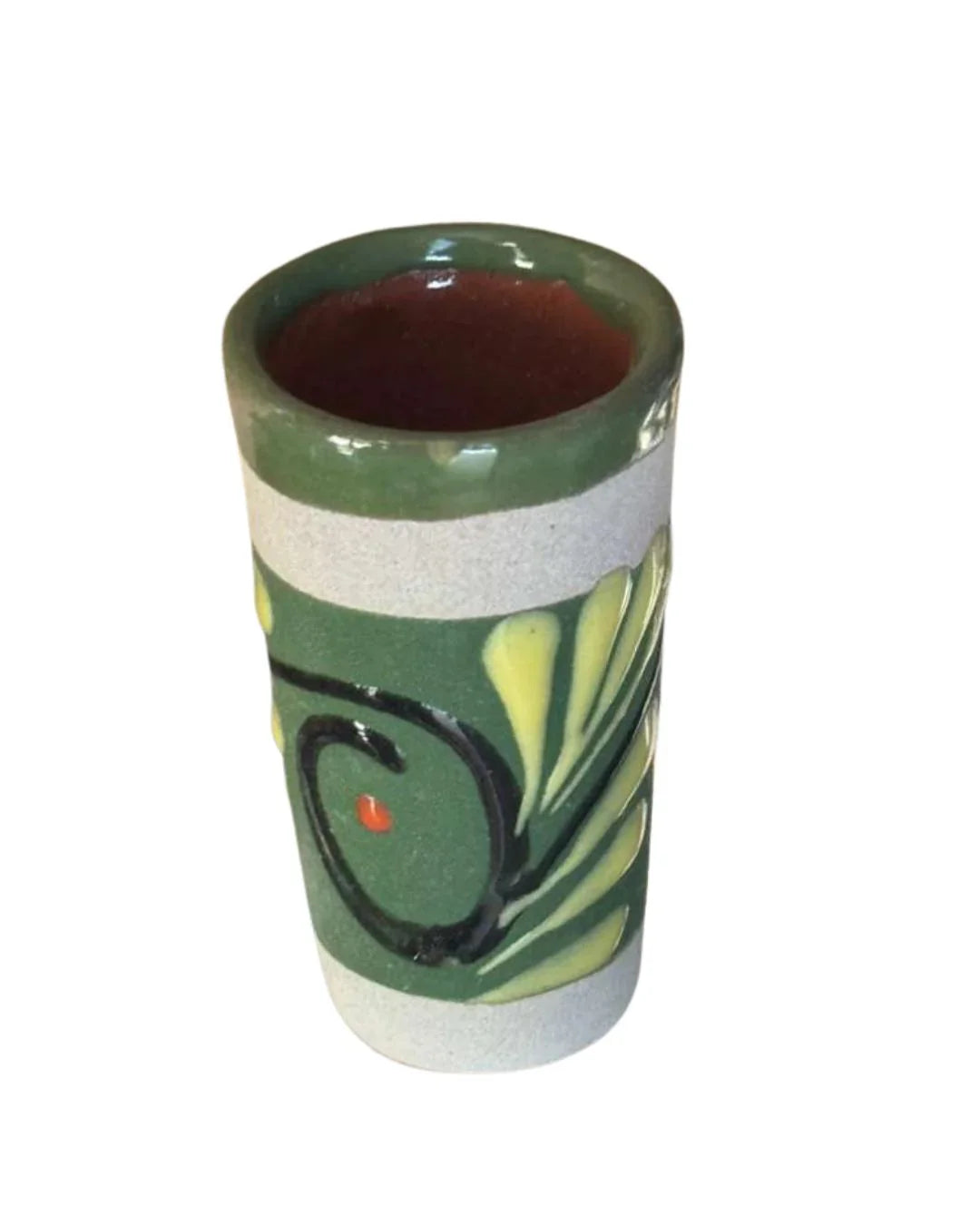 Handmade glazed clay shot glass from Mexico, 3-inch, lead-free, ideal for home, parties, and celebrations by Michelle Miranda.