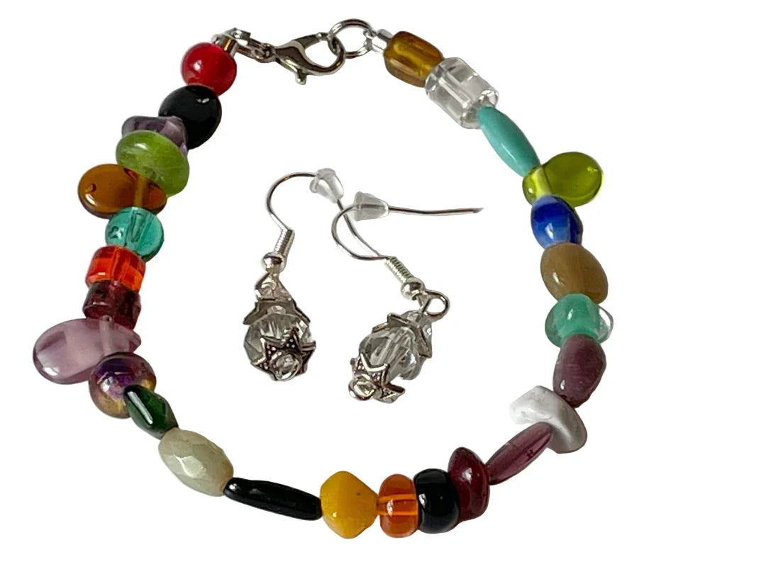 Clear Hexagon Glass Bracelet & Earrings Set – Silver Clasp – 7 Inch - Ysleta Mission Gift Shop