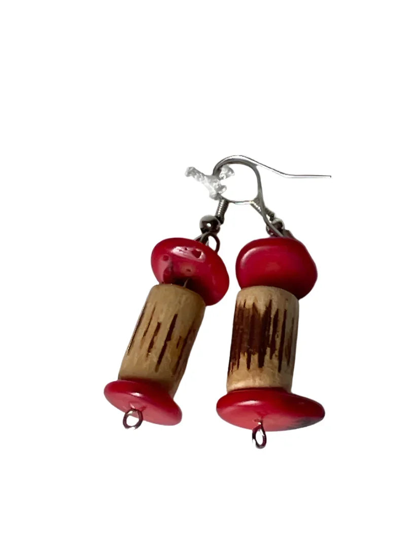 Cork-Style Wood Bead Earrings with Red Flat Stone Beads, 1-Inch Dangle - Ysleta Mission Gift Shop