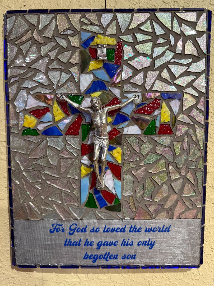 Mosaic Glass Crucifix – “For God So Loved” on Wood Base