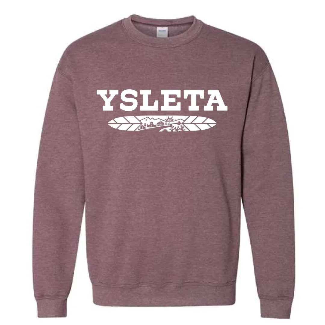 Heather maroon crewneck sweatshirt with Ysleta Feather design by Vanessa Clark, featuring a cozy fit and vibrant El Paso-inspired artwork.