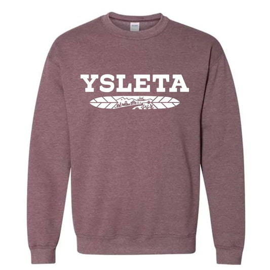 Heather maroon crewneck sweatshirt with Ysleta Feather design by Vanessa Clark, featuring a cozy fit and vibrant El Paso-inspired artwork.