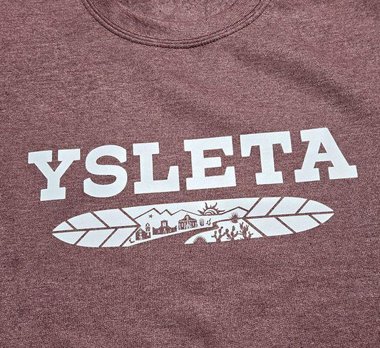 Heather maroon crewneck sweatshirt by Vanessa Clark featuring Ysleta Feather design, El Paso souvenirs clothing.