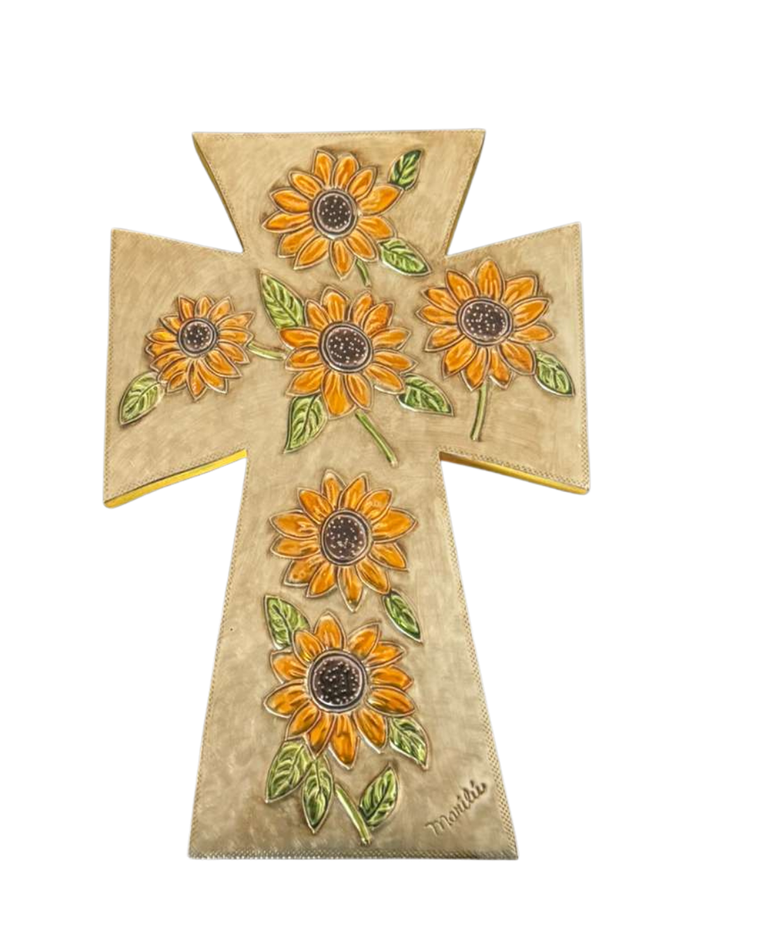 Embossed wooden cross with sunflower and Pattee design by Marilu Fuentes, measuring 11x7.5 inches, Christian gift decor.