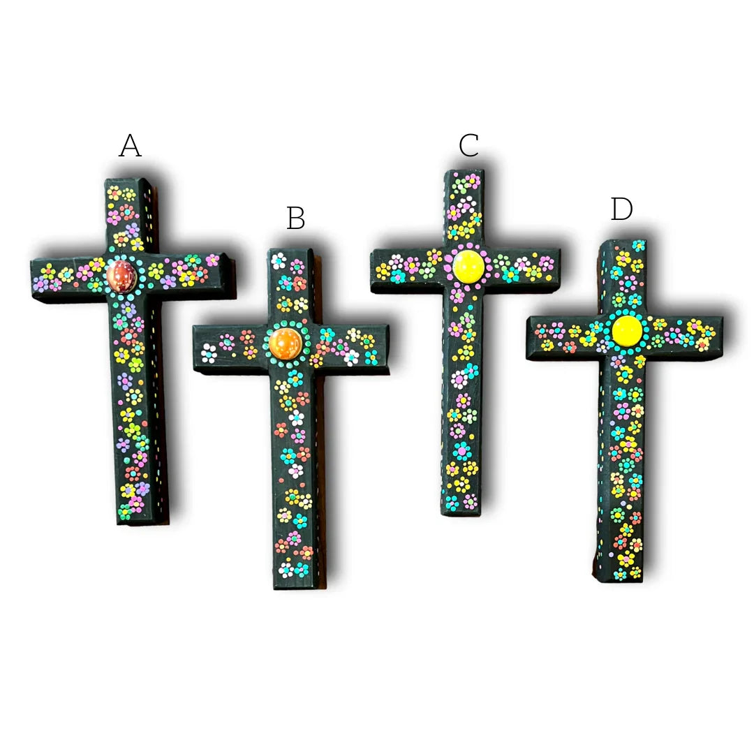 Handcrafted wood Crosses Dot Art wall hanging with Christian design, crafted by Marilu Fuentes, ideal for Catholic home decor.