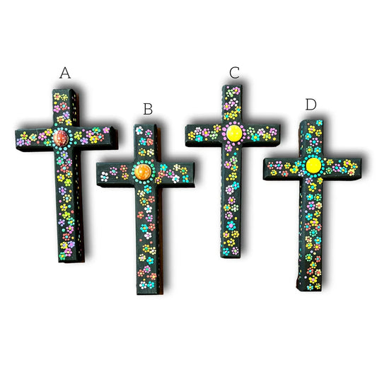 Handcrafted wood Crosses Dot Art wall hanging with Christian design, crafted by Marilu Fuentes, ideal for Catholic home decor.
