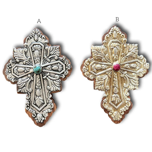 Catholic cross with turquoise stones and light purple embossed aluminum design, mounted on real wood wall decor by Marilu Fuentes.